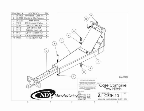 A diagram showing the parts of the Combine Tow Hitch for Case IH - older models.