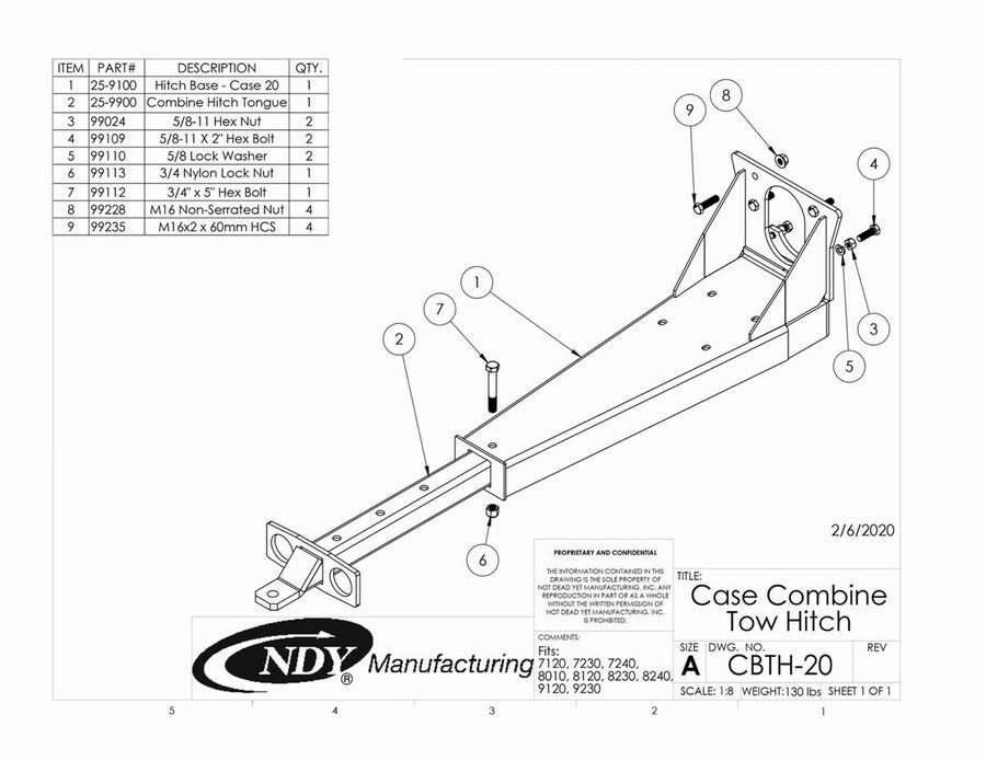 A diagram showing the parts of a Combine Tow Hitch for Case IH - newer models.