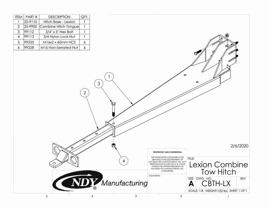 A diagram showing the parts of a Combine Tow Hitch Lexion.