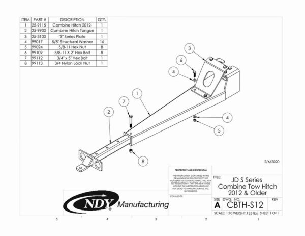 A diagram showing the parts of a Combine Tow Hitch for JD "S" Series 2012.