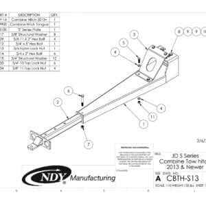 A diagram showing the parts of a Combine Tow Hitch for JD "S" Series 2013 and newer machine.