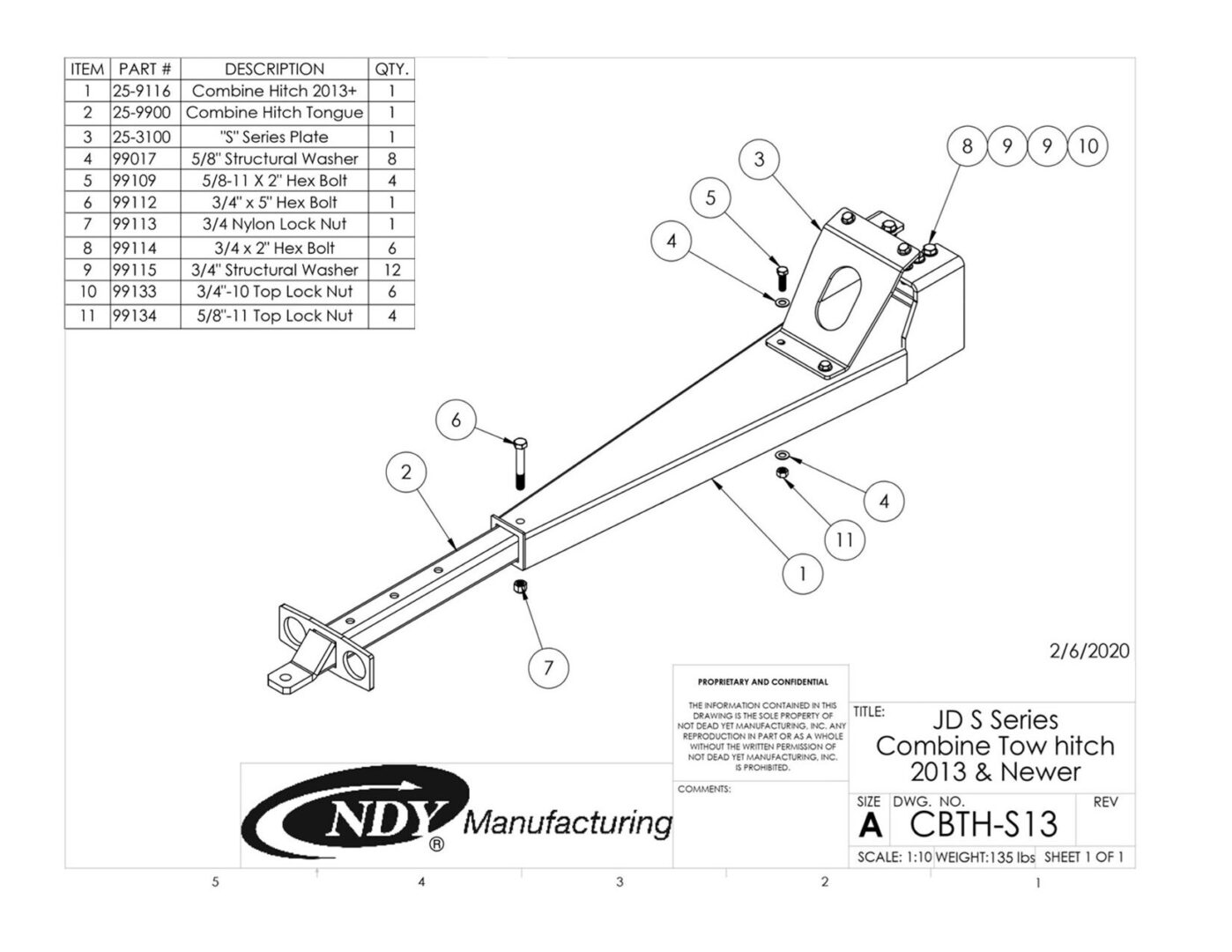 A diagram showing the parts of a Combine Tow Hitch for JD "S" Series 2013 and newer machine.