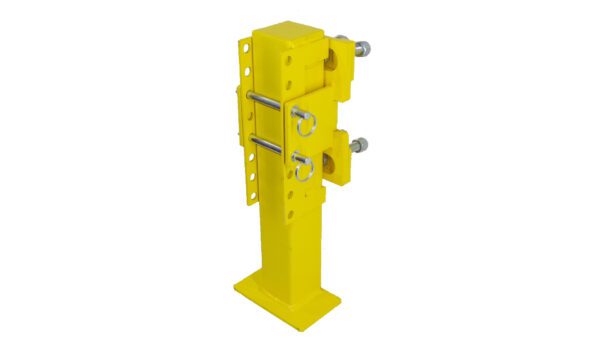 A yellow Jack Stand for John Deere 600 and 700 Series with a hook on it.