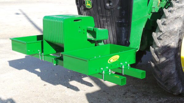 A Rock Box for John Deere 5000, 6000, 7000, 8000 with weights tractor with a bucket attached to it.