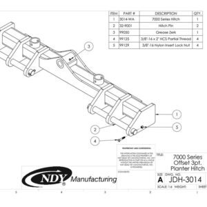 A diagram showing the parts for the Offset 3 Point Planter Hitch for John Deere 7000 Series.