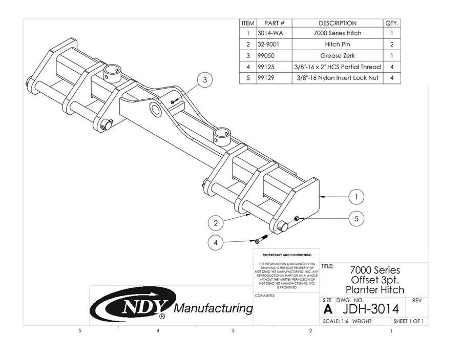 A diagram showing the parts for the Offset 3 Point Planter Hitch for John Deere 7000 Series.