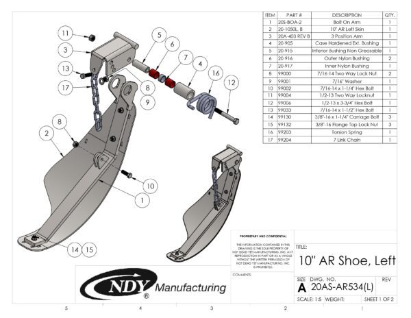 A diagram showing the parts of a Stalk Stomper, Left, Arm and Shoe Assembly with Chain.