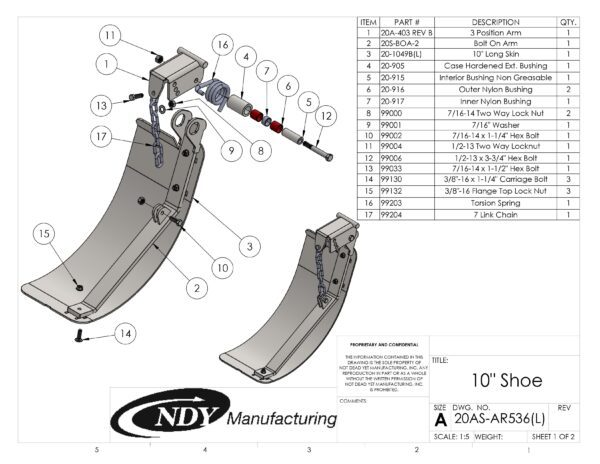 A diagram showing the parts of a Stalk Stomper, Right, Arm and Shoe Assembly with Chain.