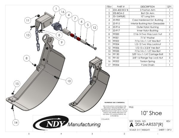 A diagram showing the parts of a Stalk Stomper, Right, Arm and Shoe Assembly with Chain assembly.