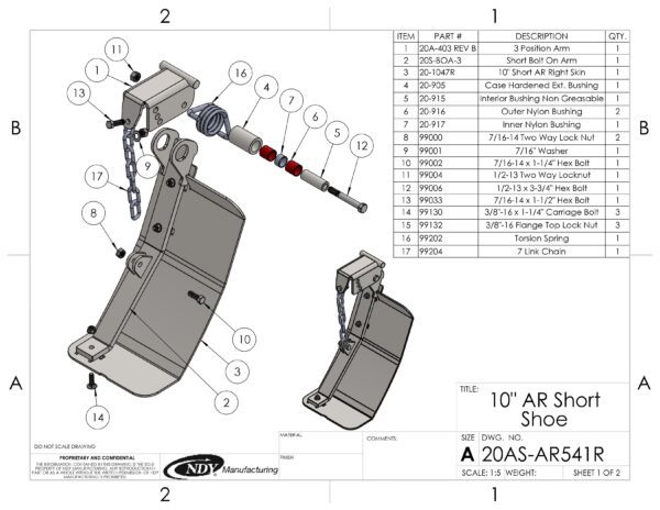 A diagram showing the parts of a Stalk Stomper, Right, Arm and Shoe Assembly with Chain.