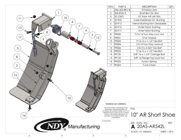 A diagram showing the parts of a Stalk Stomper, Left, Arm and Shoe Assembly with Chain magazine.