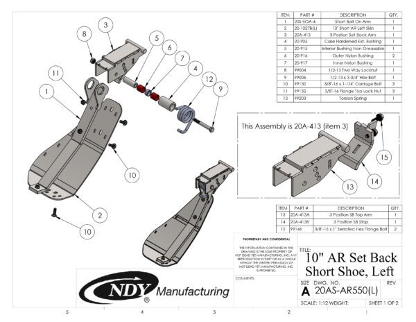 A diagram showing the parts of the Stalk Stomper, Left, Arm and Shoe Assembly.