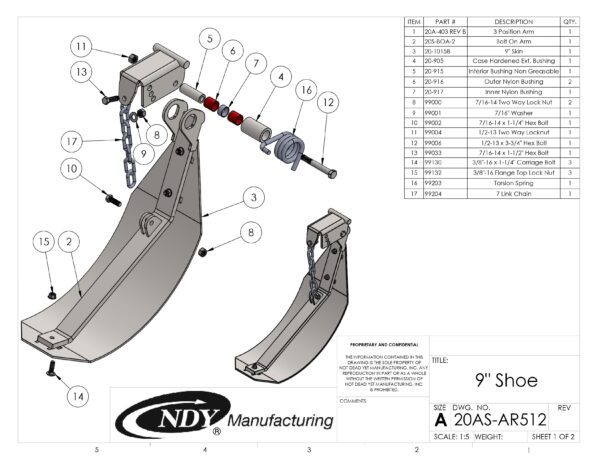 A diagram showing the parts of a Stalk Stomper, Center, Arm and Shoe Assembly with Chain.