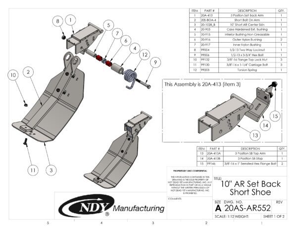A diagram showing the parts of a Stalk Stomper, Center, Arm and Shoe Assembly.