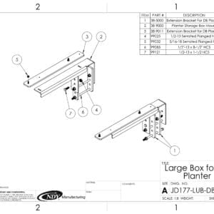 A diagram showing the parts of a Mounting Bracket Kit for Large Utility Box - fits Deere / Bauer Planters or d - frame.