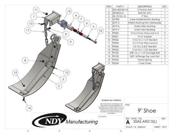 A diagram showing the parts of a Stalk Stomper, Left, Arm and Shoe Assembly with Chain.