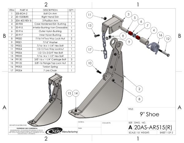 A diagram showing the parts of a Stalk Stomper, Right, Arm and Shoe Assembly with Chain.