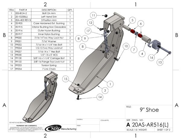 A diagram showing the Stalk Stomper, Left, Arm and Shoe Assembly with Chain of a boat.