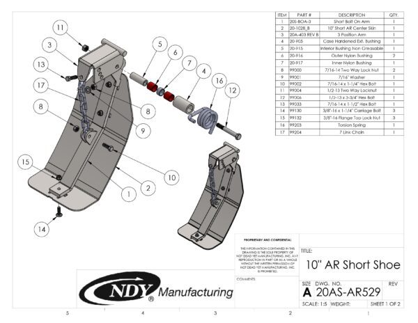 A diagram showing the parts of a Stalk Stomper, Center, Arm and Shoe Assembly with Chain.