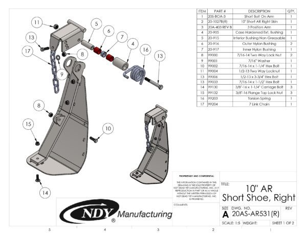 A diagram showing the parts of a Stalk Stomper, Right, Arm and Shoe Assembly with Chain.