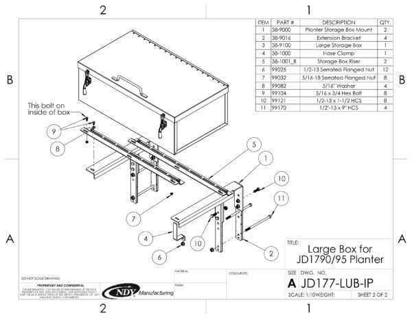 A diagram showing the parts of a Large Utility Storage Box for John Deere 1790/95 Planters with Interplant.
