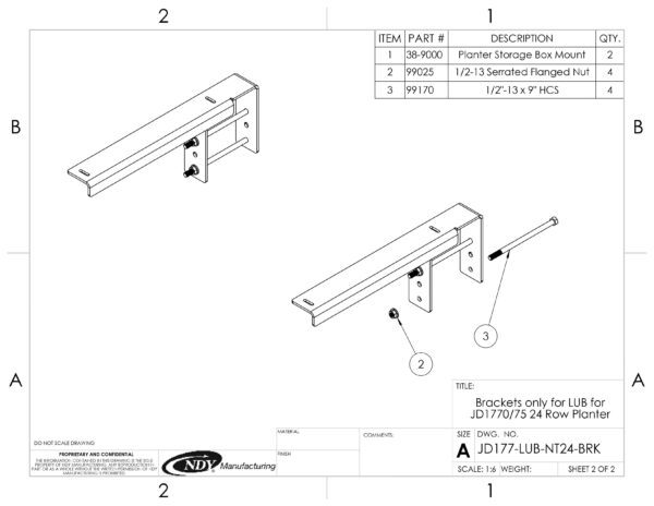 A diagram showing the parts of a Mounting Bracket Kit for Large Utility Box fits 24 Row John Deere 1770/1775 Planters with Narrow Transport.