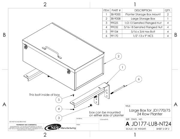 A diagram showing the parts of a Large Utility Storage Box for 24 Row John Deere 1770/1775 Planters.