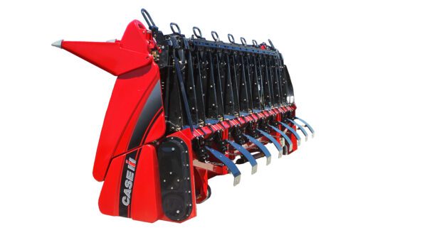 A red and black Stalk Stompers for Case 4012 Folding and New Holland 980CF-12 Series Corn Head with a bunch of blades on it.
