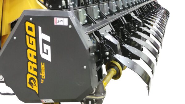 A yellow and black Stalk Stomper for Drago GT Series 18 Row Corn Head with two blades attached to it.