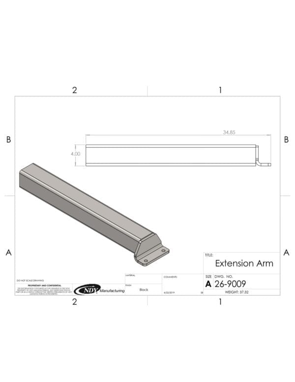A drawing showing the dimensions of a Mud Scraper Extension Arm.