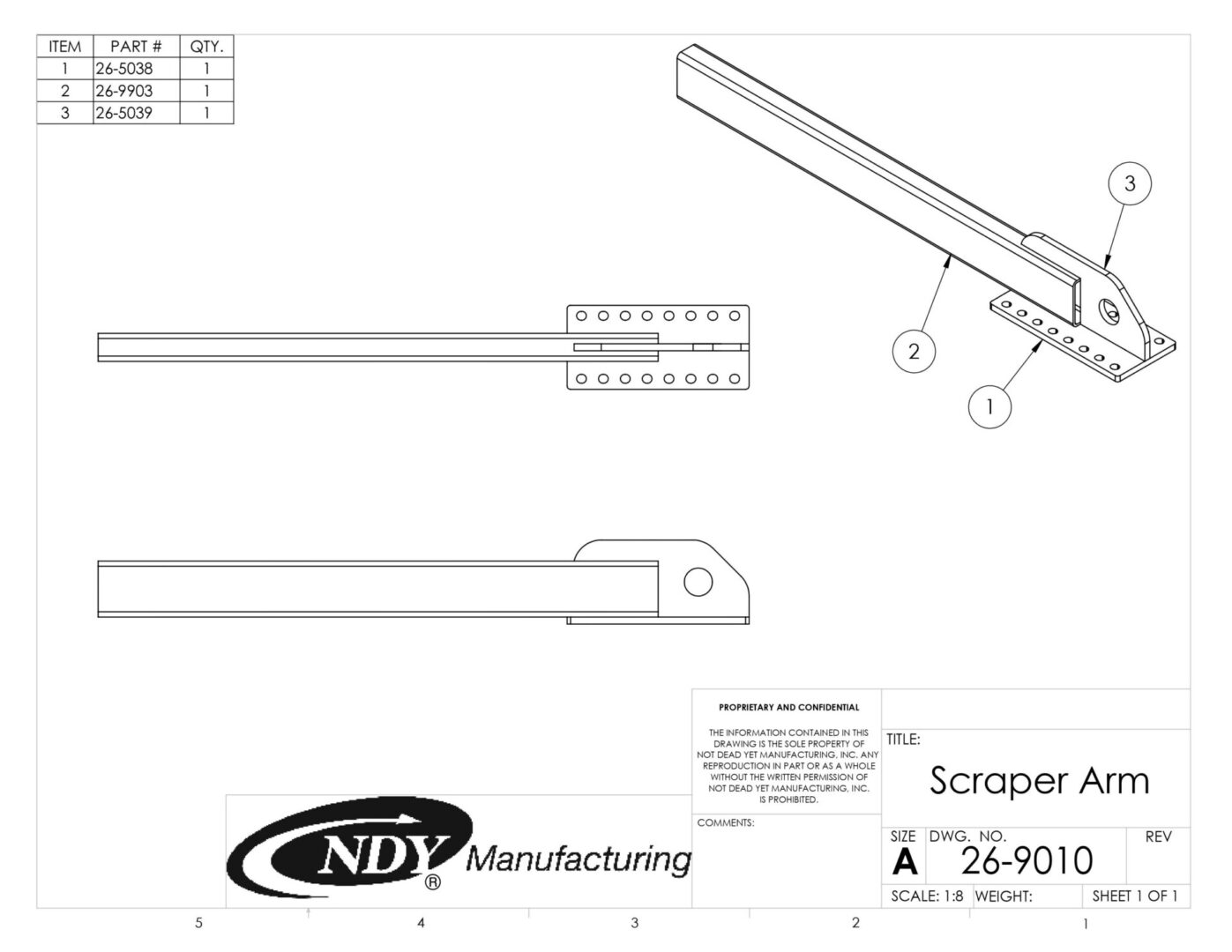 A drawing showing the parts of a Mud Scraper arm.