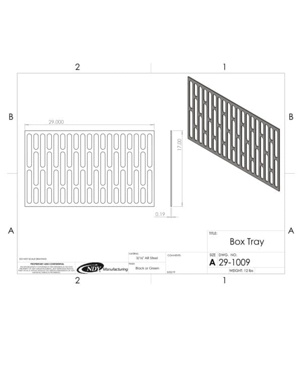 A drawing showing the dimensions of the Rock Box Grate - 29"L x 17"W.