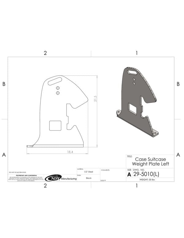 A drawing showing the dimensions of a Rock Box Suitcase Weight Plate, Left, for Case Magnum.