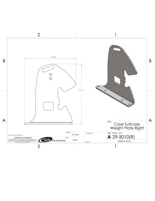 A Rock Box Suitcase Weight Plate, Right, for Case Magnum showing the dimensions of a piece of metal.