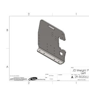 A drawing of a Rock Box Weight Plate, Left - fits John Deere for a vehicle.
