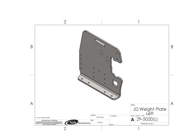 A drawing of a Rock Box Weight Plate, Left - fits John Deere for a vehicle.