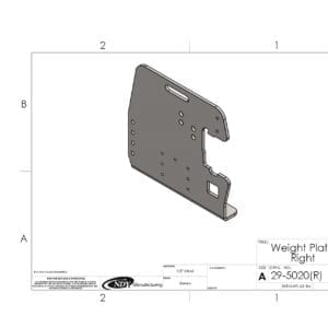 A drawing of a Rock Box Weight Plate, Right - fits John Deere for a vehicle.