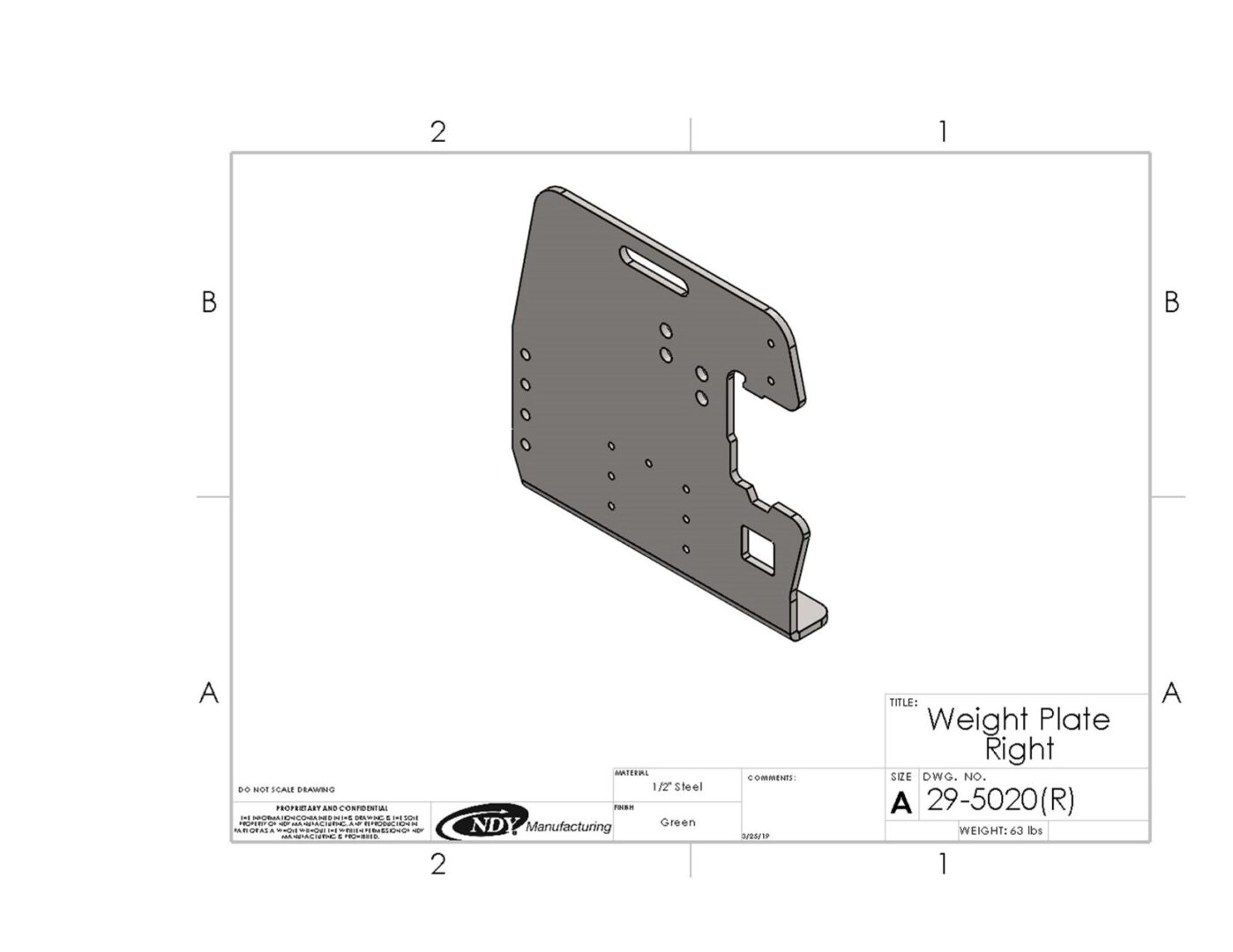 A drawing of a Rock Box Weight Plate, Right - fits John Deere for a vehicle.