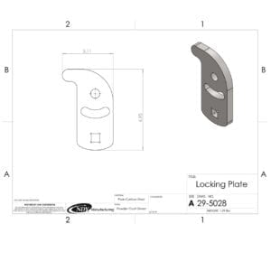 A drawing showing the dimensions of a Rock Box Locking Plate for John Deere.