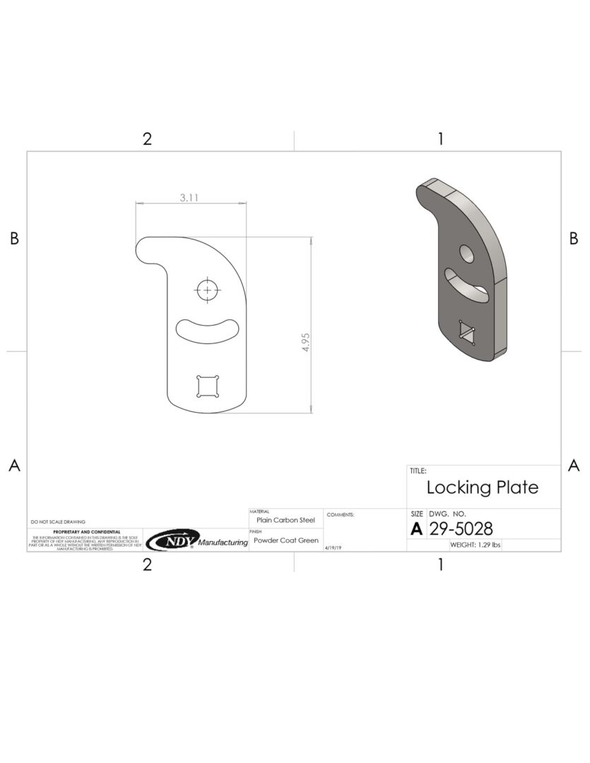 A drawing showing the dimensions of a Rock Box Locking Plate for John Deere.