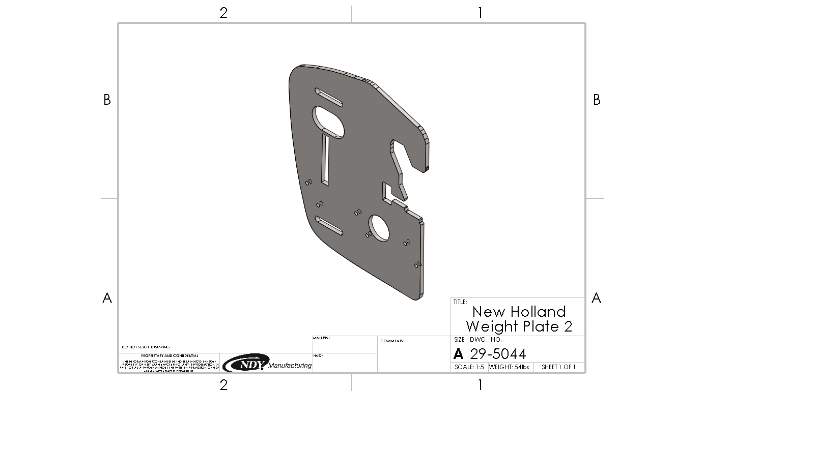 A drawing of a Rock Box Weight Plate for New Holland motorcycle.