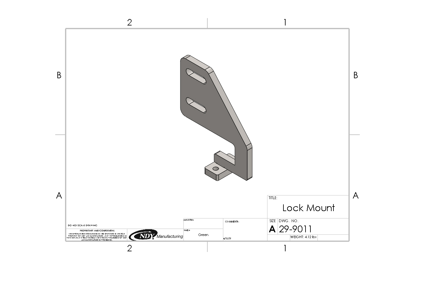 A drawing of a Rock Box Lock Mount for 8000 Series John Deere Without Weights for a door.