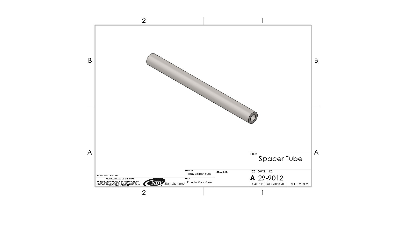 A drawing of a Rock Box Spacer Tube for John Deere 800 Series Without Weights on a sheet of paper.