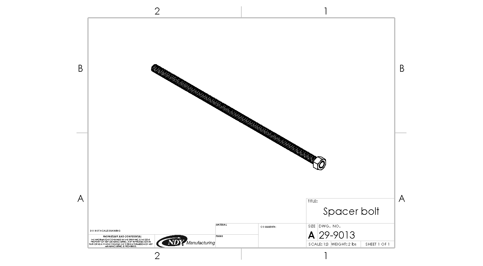 A drawing of a Rock Box Spacer Bolt for John Deere 8000 Series w/o Weights with a pencil on it.