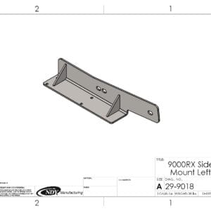 A drawing of a Rock Box Side Mount fits John Deere 9000RX - Left Side bracket for a door.