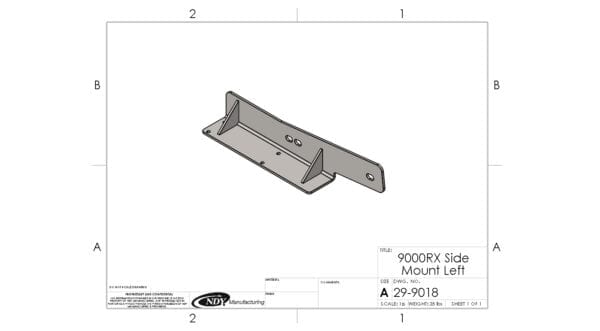 A drawing of a Rock Box Side Mount fits John Deere 9000RX - Left Side bracket for a door.