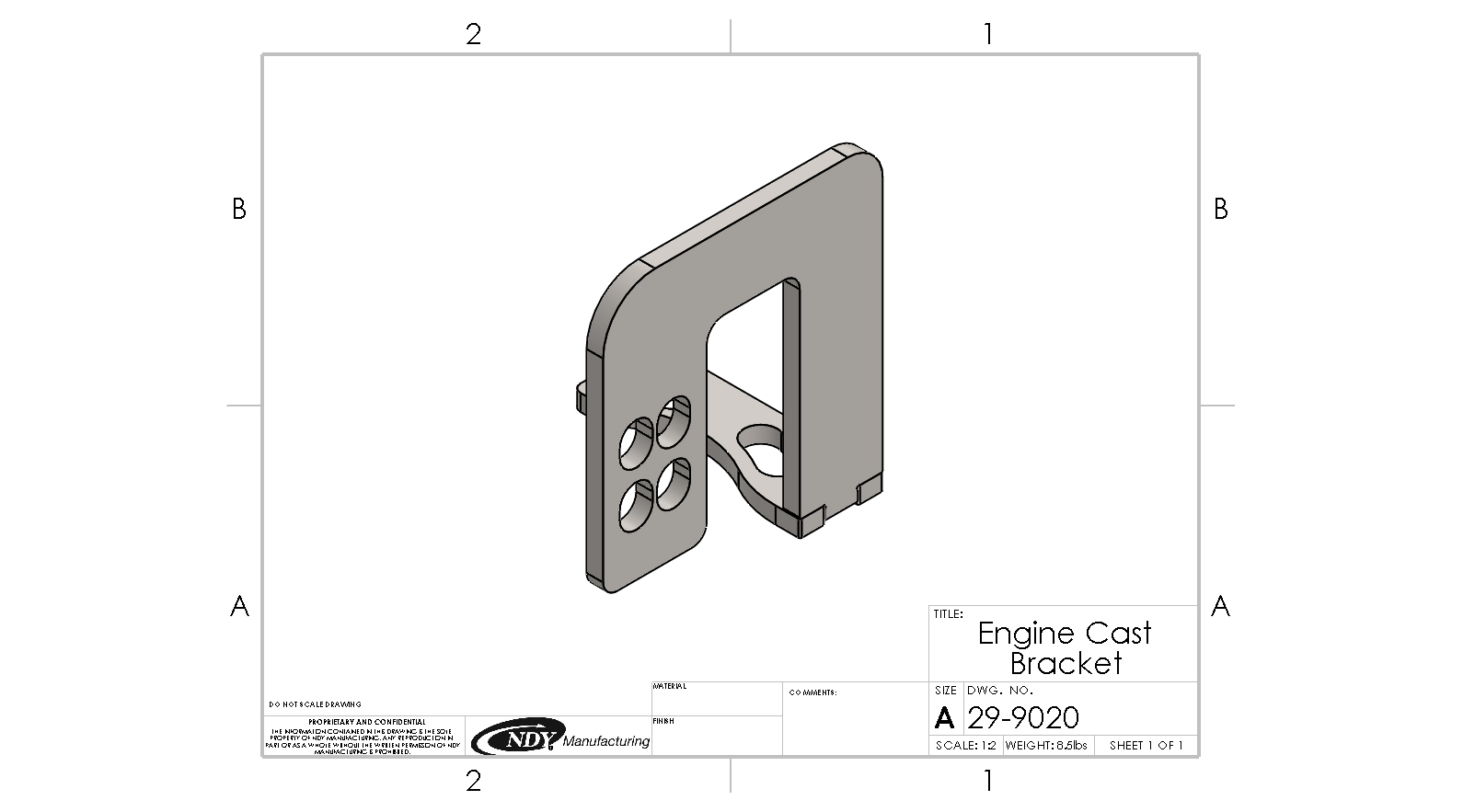 A drawing of a Rock Box Engine Cast Bracket - Right with a slot in it.
