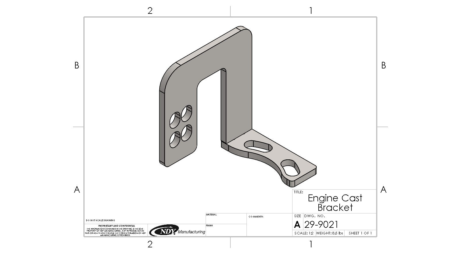 A drawing of the Rock Box Engine Cast Bracket - Left.