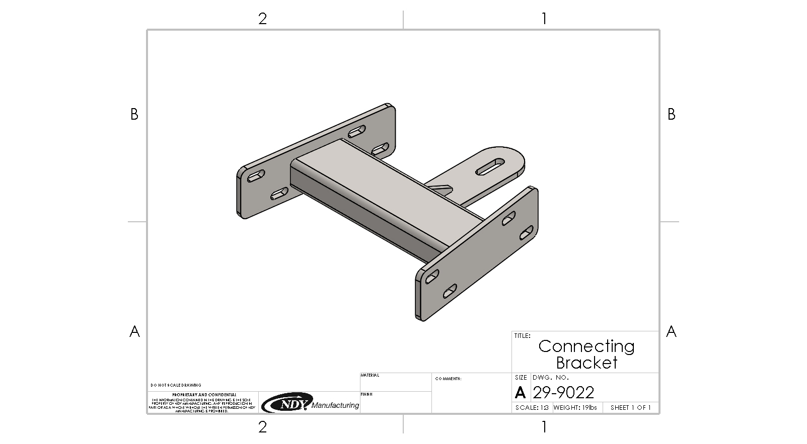 A drawing of a Rock Box Connecting Bracket.