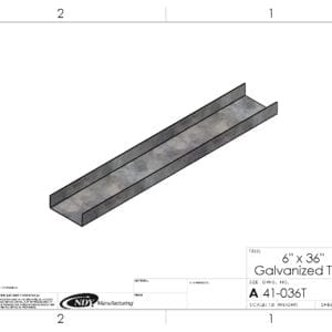 A drawing showing the dimensions of a Galvanized Tray - 6"W x 36"L.